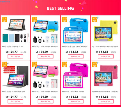 ANRY 10.1 inch Kids Android 15 Tablet 8GB (4+4GB) RAM 64GB ROM 5000Mah Octa-core 5G Wifi Children's Learning Educational Tablets.