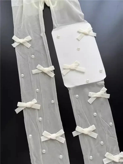 Y2K Velvet Bow Embroidery Pearl Tights Pantyhose Fashionable Simple Female Stockings JK Styles Cute Sweet Girls Chic Stocking.