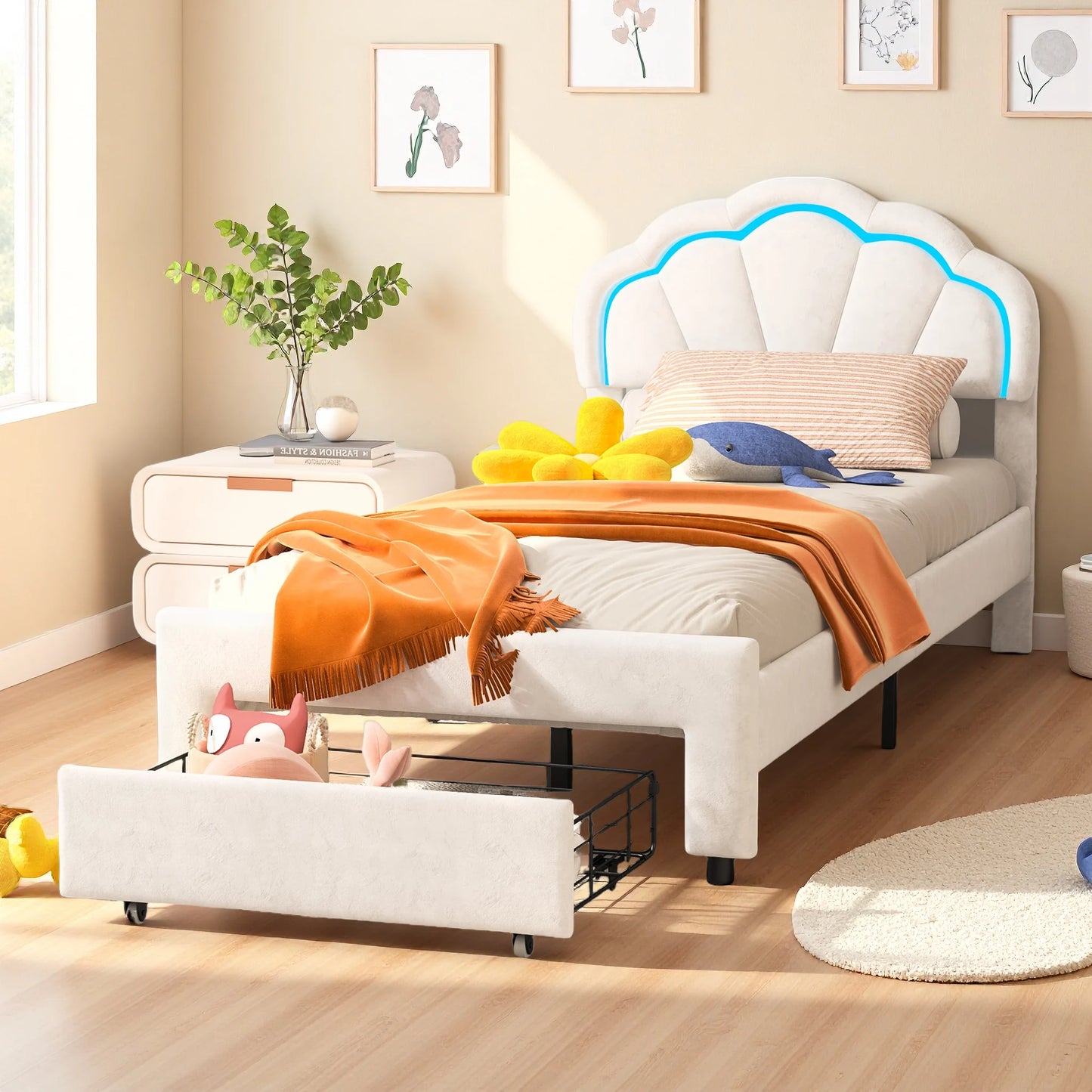 Rosahqnda gepolsterter Bettrahmen mit blumenförmigem Kopfteil, Bettrahmen, Einzelbett, Blütenblattbett, Jugendbett für Jungen und Mädchen