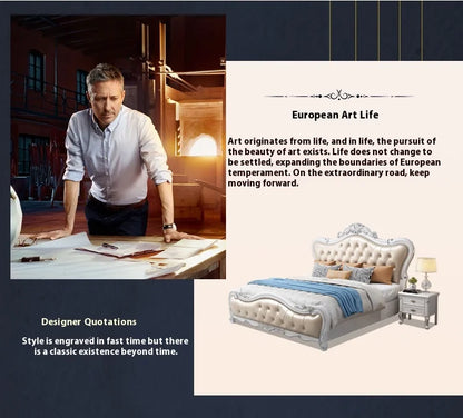 Europäisches Luxus-Doppelbett, modernes weißes King-Size-Doppelbett mit ästhetischem Rahmen, hochwertiges, schlafendes, beleuchtetes Deux-Tischmöbel für Schlafzimmer