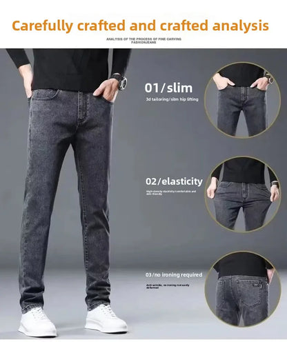 Slim Fit Stretch Business Men's Jeans Summer Trendy Thin Style Male Denim Pants Mid Waist Washed Design Casual Trousers.