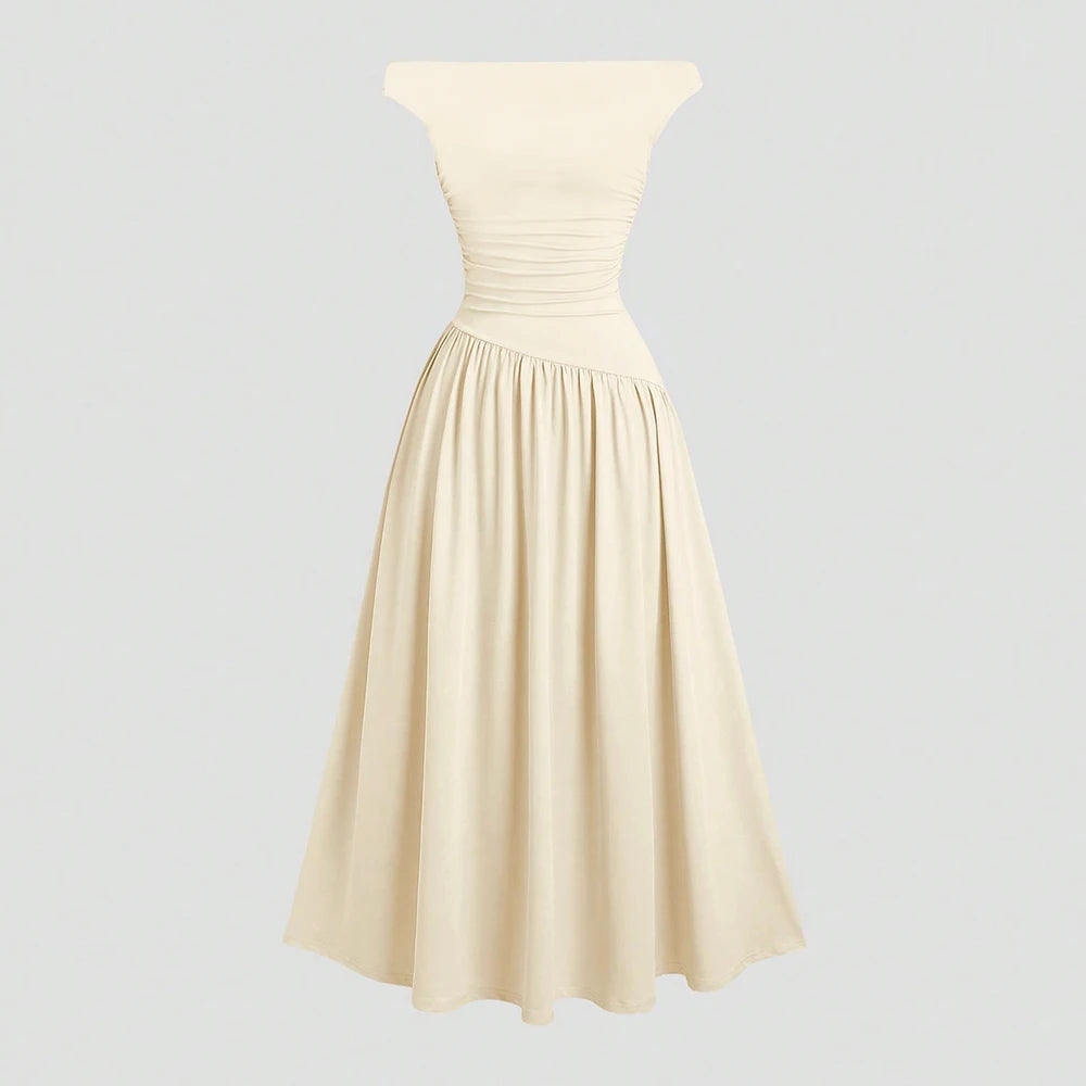 Mia Muse Kleider Sommer Französisch Einfarbig Asymmetrische Falten Ärmellose One-Shoulder Drapierte Midi Basics Kleider Für Frauen.