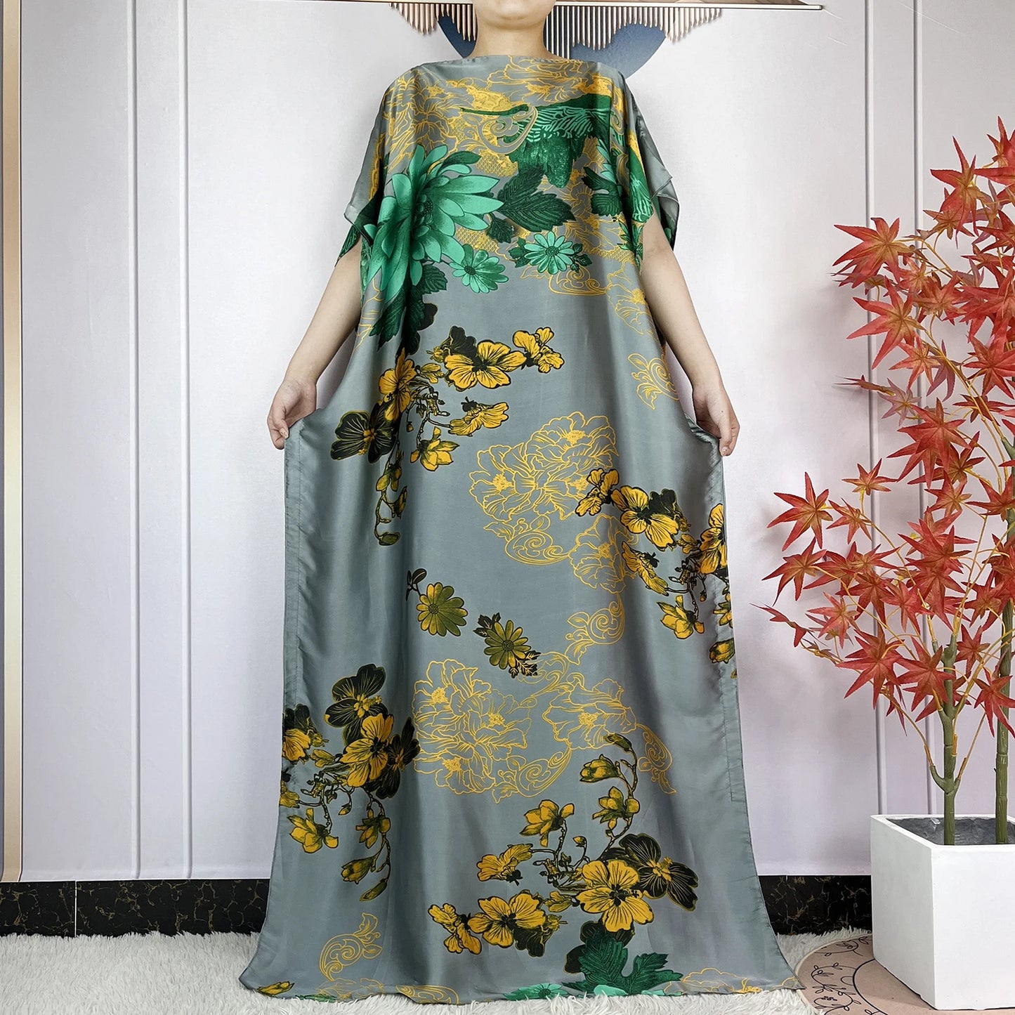 2024 New Dubai Summer Fashion For Women Printed Silk Soft Loose Femme Robe African Islam Maxi Woman Casual Dresses With Turban.