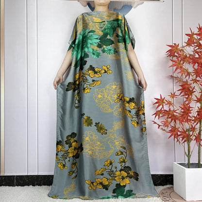 2024 New Dubai Summer Fashion For Women Printed Silk Soft Loose Femme Robe African Islam Maxi Woman Casual Dresses With Turban.