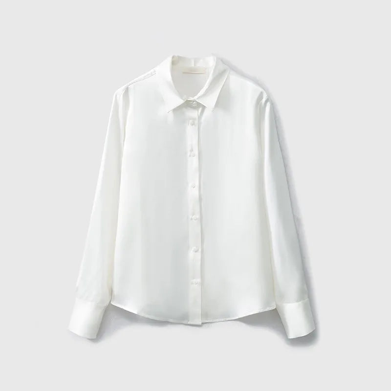 Women's French Style High Quality 40 MM Heavy Office Lady Solid Satin Silk Long Sleeve Shirt Ladies' Blouse.