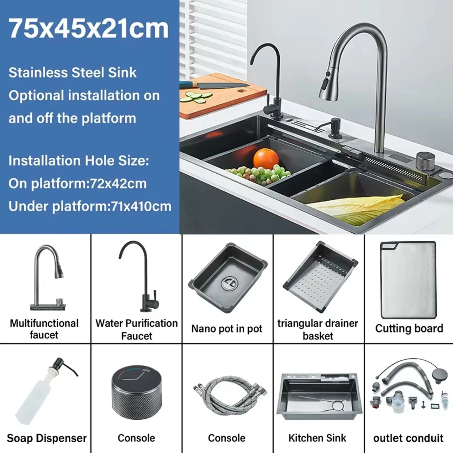 304 Stainless Steel  Multifunctional Kitchen Sink Faucet Set Rainfall Spout Pull Out Sprayer Pure Tap Cold Hot Water Mixer
