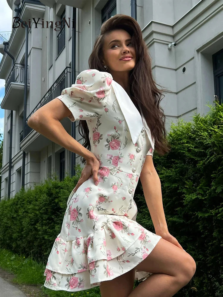 Beiyingni Neue In frauen Kleid Elegante Französisch Mode Schlank Kurzarm Mini Kleider Weibliche Rüschen Tasten V-ausschnitt Kurze Vestido.