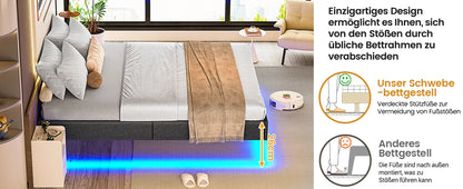 140 x 200 Lattenrost aus Holz mit LED-Beleuchtung, Plüsch, 140 x 200 cm, gepolstertes Bett, graues Leinen-Kopfteil, Schlafzimmermöbel