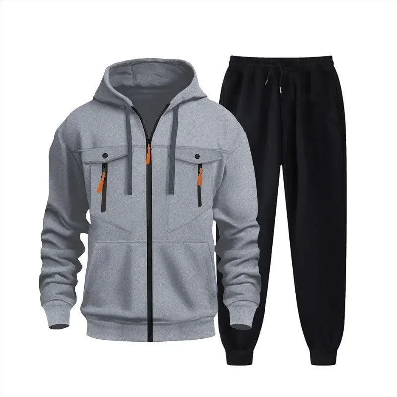 Autumn and winter new men's sweatshirt sport set, fashionable windproof and warm men's zipper hoodie and pants 2-piece set.