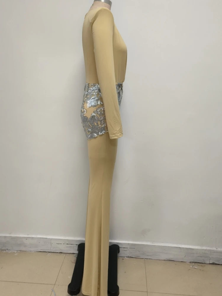 Sexy Deep V Neck Sparkly Diamonds Design Jumpsuit Women Long Sleeve Draped Wide Leg Jumpsuit Elegant Evening Club Costume Runway