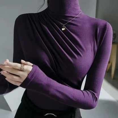 Simplicity Office Lady Autumn/Winter Women's Solid Turtleneck Pleated Temperament Fashion Slim Long Sleeve Bottoming Shirt Tops.