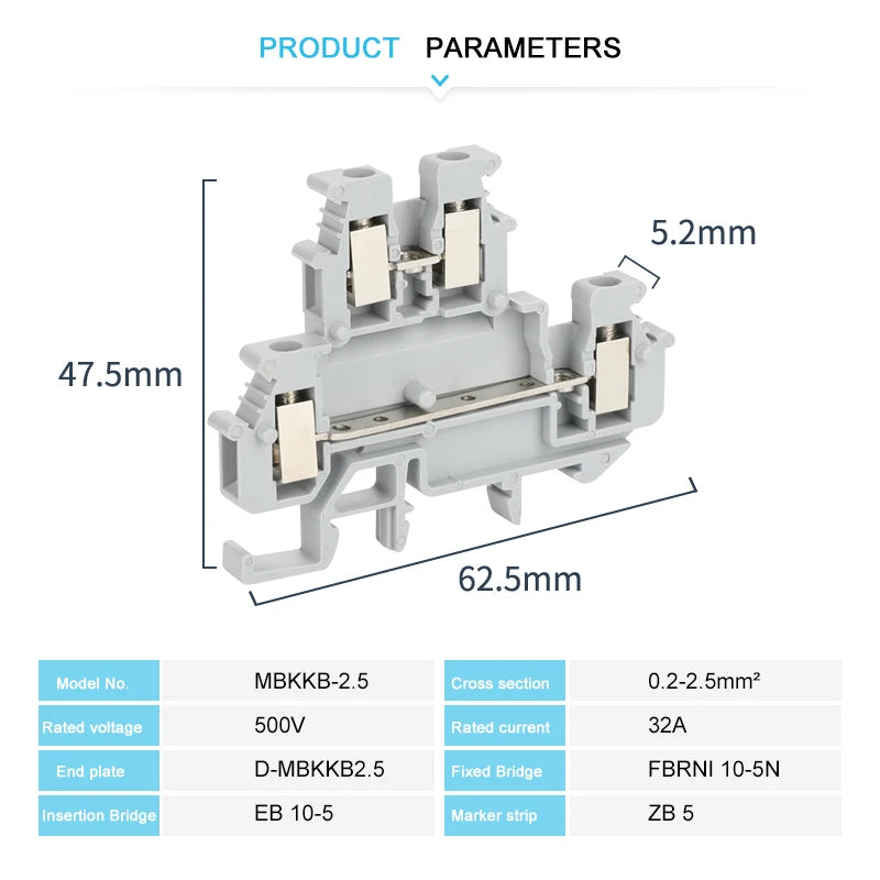 10 Stück MBKKB-2.5 Schraube Doppelstufe DIN-Schienenklemmenblock, 2,5 mm2 Drahtverbinder, universeller Durchgangsstecker 2 Schicht MBKKB2.5.