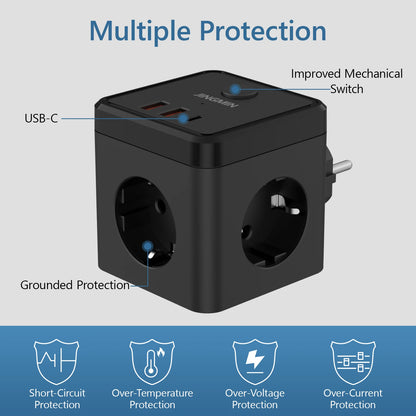 Wandsteckdosen-Extender mit Schalter, 3 Steckdosen, 2 USB-A- und 1 Typ-C-Anschlüsse, tragbarer Cube-Steckdosenleisten-Adapter zum Aufladen auf Reisen.