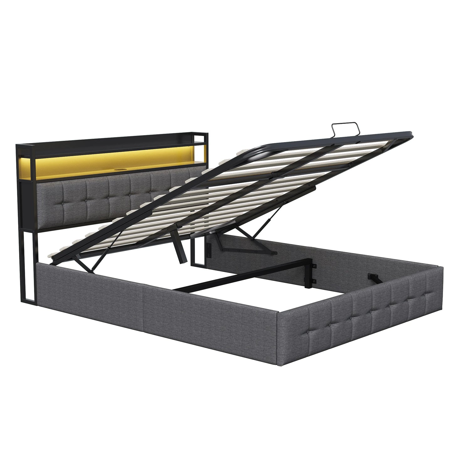 Rosahqnda Kissenbett, gepolstertes hydraulisches Bettgestell, graues Leinenkopfteil, Leinenstoff ohne Matratze