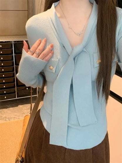 Frauen Frühling Herbst Einfachheit Büro Dame V-ausschnitt Einfarbig Langarm Strickwaren Damen Mode Alle-spiel Temperament Tops