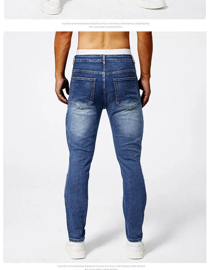 Two tone distressed patchwork jeans for men trendy jeans for summer thin straight leg pants slim fit small leg distressed jeans.