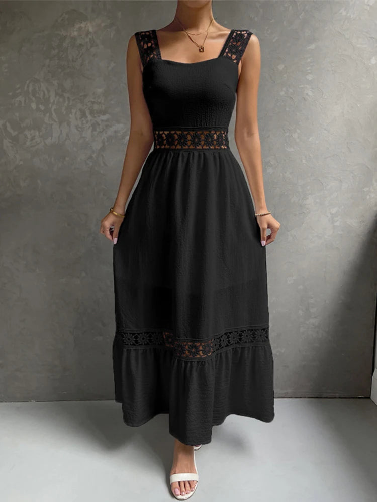 Weiße Lange Kleid Frauen Sommer Sexy Sleeveless Backless Maxi Kleider Damen Elegante Hohle Heraus Spitze Kleid Boho Sommerkleid Vestidos