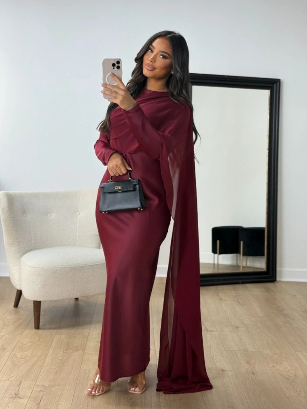 Burgundy Abaya Women Satin Modest Evening Dress Simple Hot Sale Cocktail Gown With Side Cape Elegant Arabic Long Sleeves Robe.