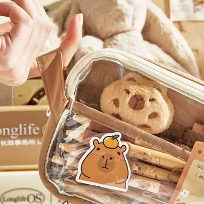 Capybara Kawaii Pencil Case with Compartments Stationary Bag Clear Pen Bag with Sticker Pendant for Office College School.