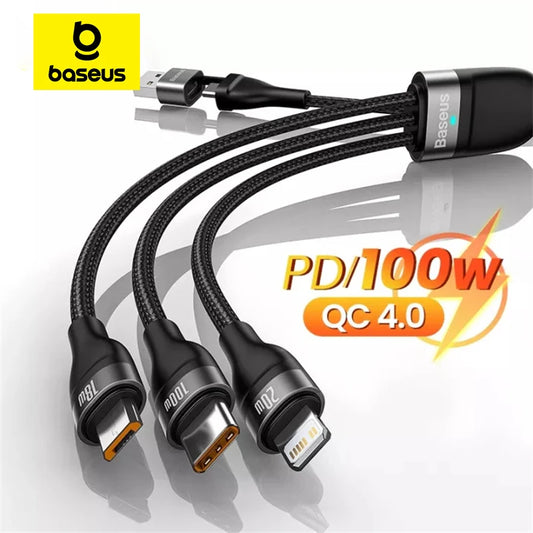 Baseus 3 in 1 USB Type C Cable for iPhone 15 14 13 12 Pro Charger Cable 100W Micro USB Type C Cable for Macbook Samsung Xiaomi.
