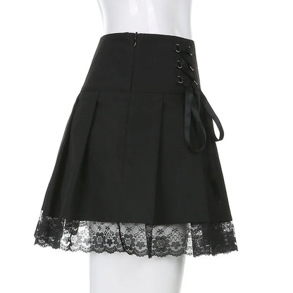 Girl Retro Pleated Skirt Lace Up High Waist Plaid Mesh Stitching Hem Y2K Aesthetic Gothic Black Mini Skirts Bodycon.