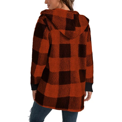Frauen Herbst Winter Doppel Fleece Plaid Strickjacke Weiche Lose Lange Hülse Plüsch Warme Mit Kapuze Jacke Weibliche Patchwork Oberbekleidung Mantel.