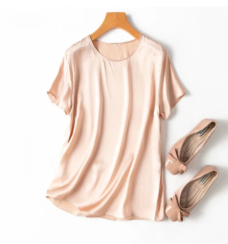 Women 100% Mulberry Silk 19 Momme half sleeve Crew Neck Top Shirt Blouse T-shirt More Colors M L XL MM4270