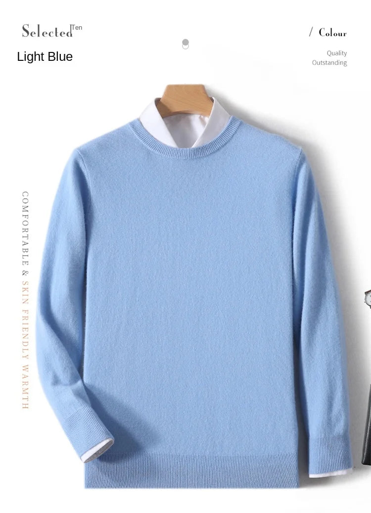 2025 100% Pure Merino Wool Men's Round Neck Pullover Solid Color Plus Size Casual Sweater Autumn And Winter Sports Cashmere Top