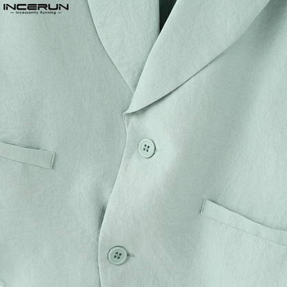 INCERUN Summer Men's Sets Solid Color Sleeveless Tops Tee Buttons Summer Long Pants Male Two-piece Suits Streetwear 2PCS S-5XL