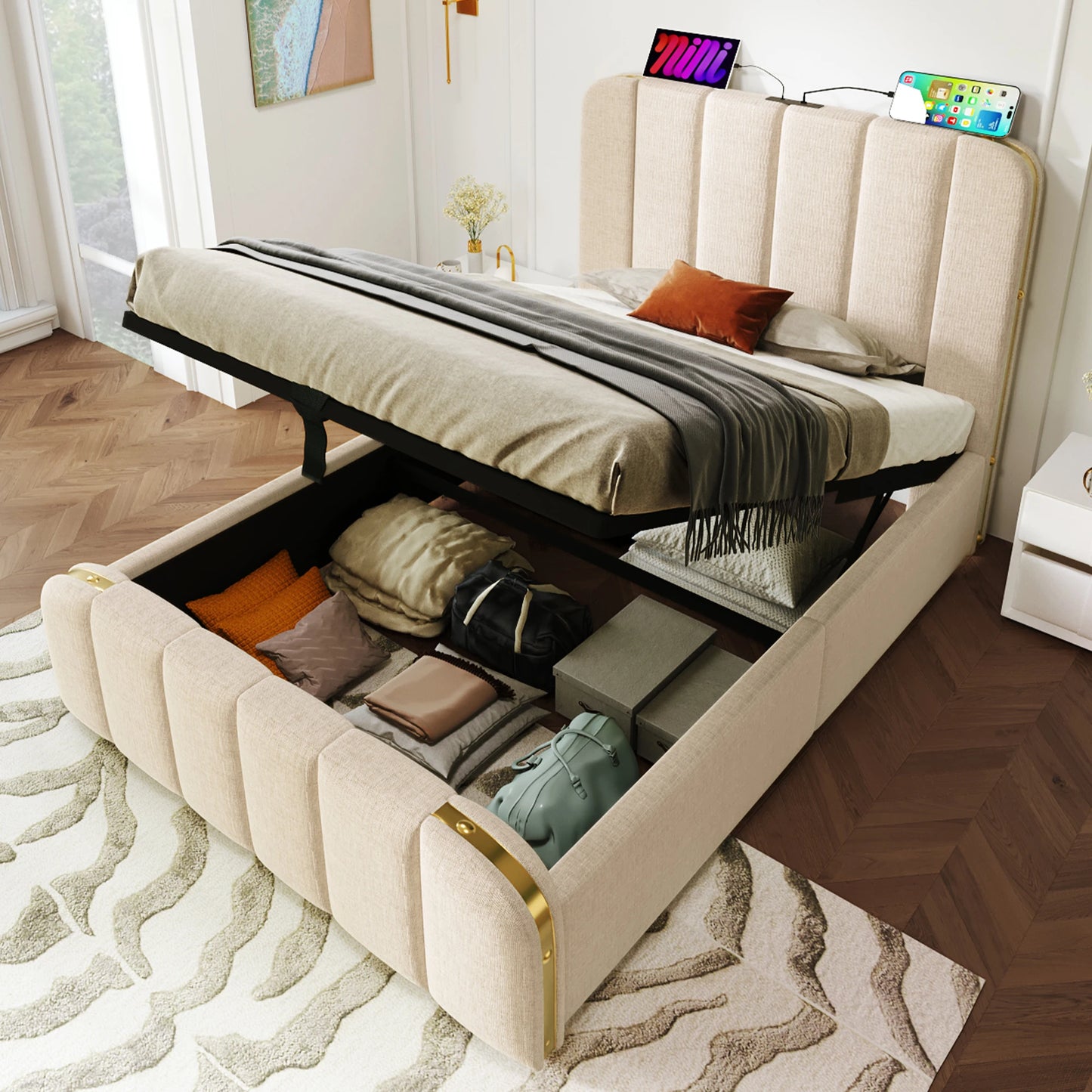 KOMHTOM Polsterbett Einzelbett 90x200 cm- mit goldenen Zierstreifen, USB Typ-C Ladefunktion, Leinen-Material, ohne Matratze