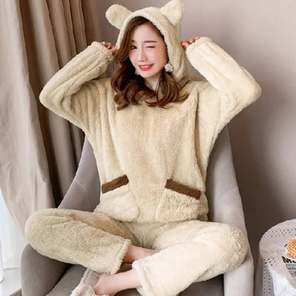 Verdickte warme Flanell Herbst und Winter Frauen Cartoon Plüsch mit Kapuze Bär Nachtwäsche Loungewear zweiteilige solide Nachtwäsche Homewe