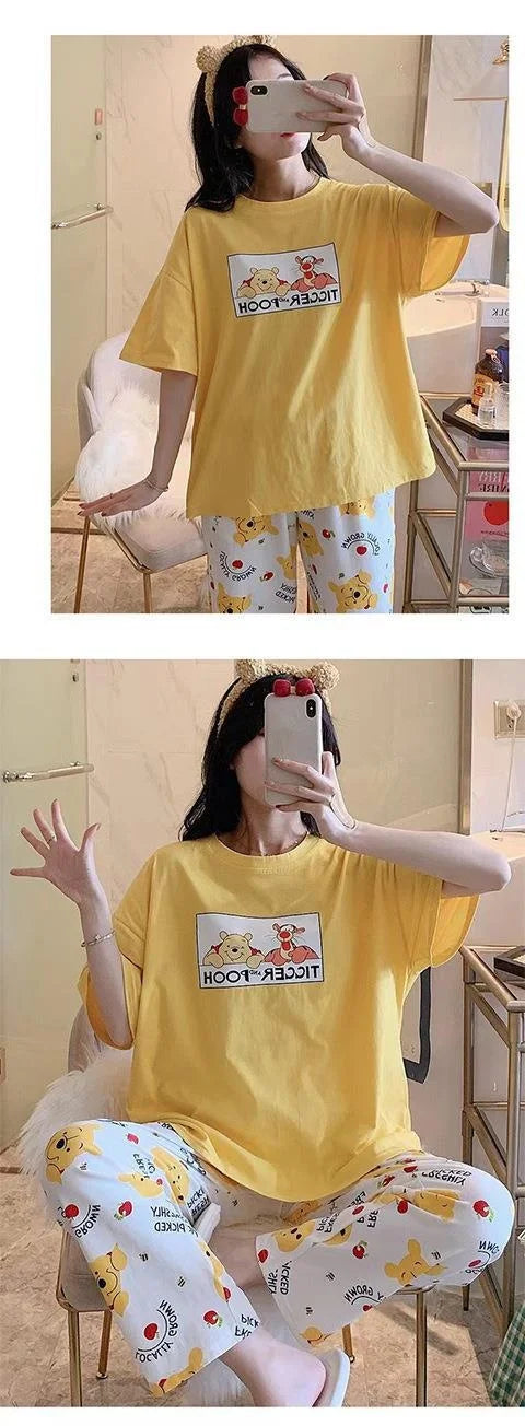 Sommer Pooh Bär Nachtwäsche frauen Lose Bequeme Cartoon Print Hause Kleidung Set Kurzarm Nachthemd Mickey Pyjama Set.