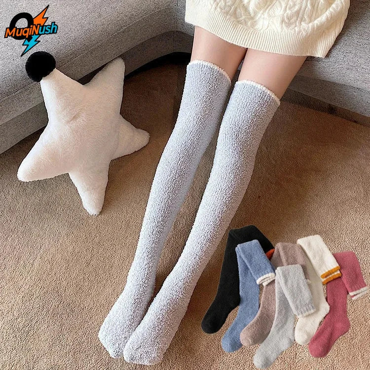 MuqiNush Thigh High Knee Socks Knitted Warm Winter Plush Thick Tall Long Boot Stockings Leg Warmers for Daily Cosplay Sleep.