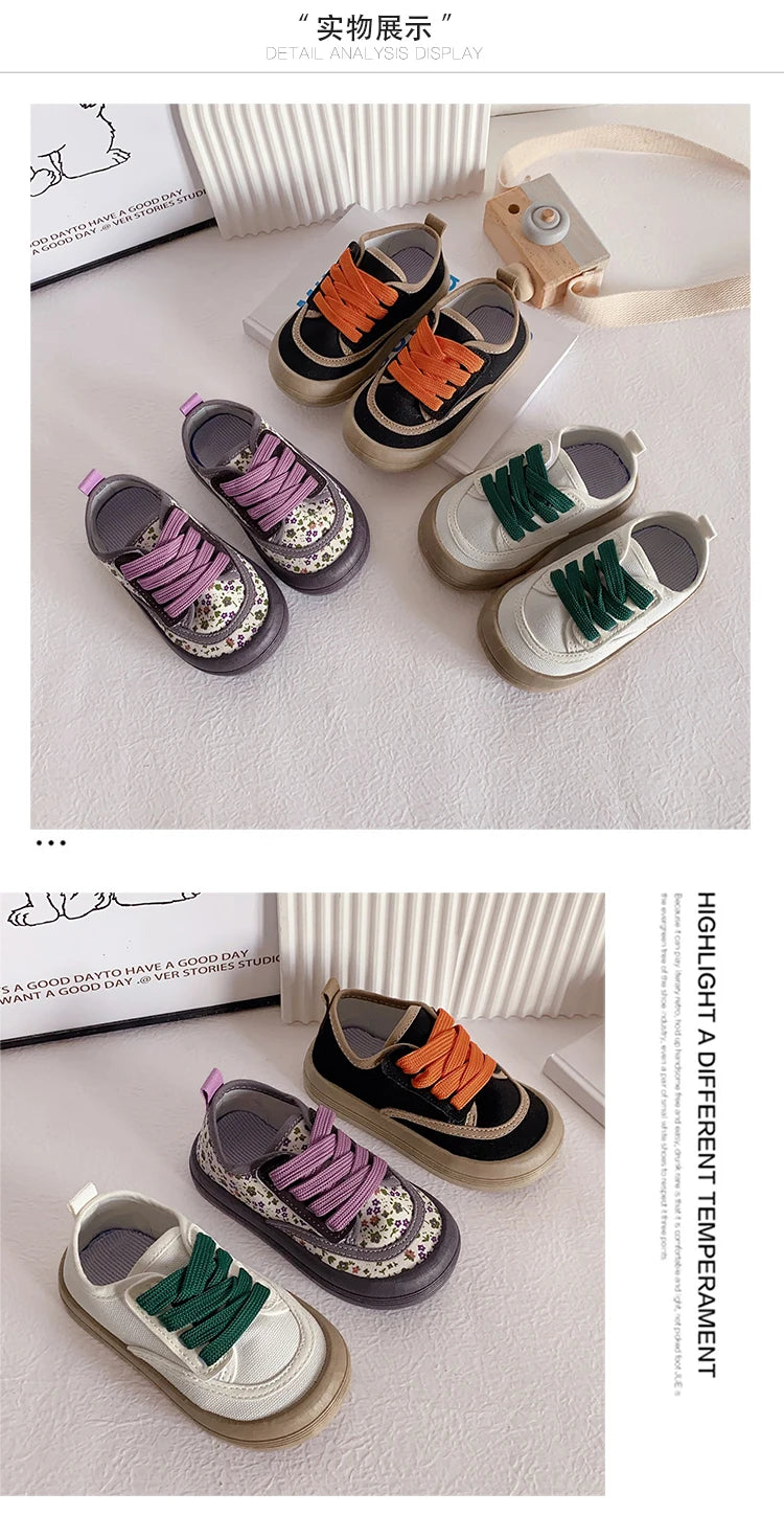 Children Fashion Versatile Soft Canvas Shoes Floral Print Casual Kids Shoes Drop Shipping Lace-up 2023 Spring New for Boys Flats.