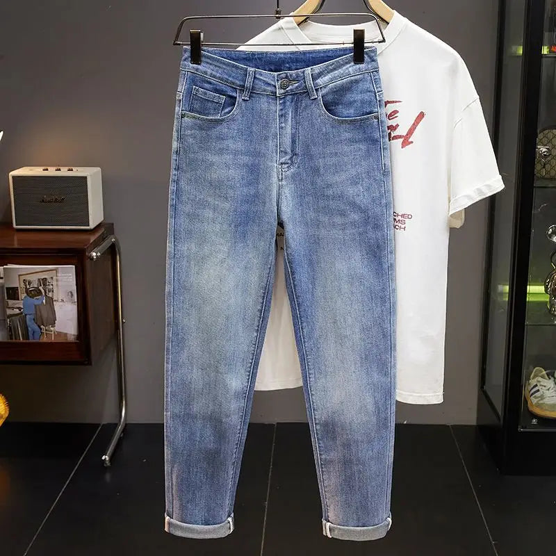 Men's Slim Straight Jeans Fashion Korean winter and Autumn Trousers Comfortable Elastic Blue Fitted Business Casual Denim Pants.