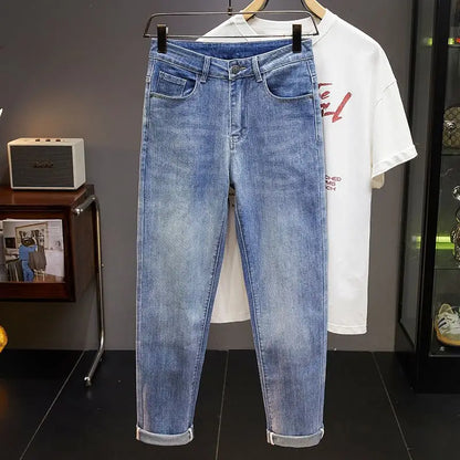 Men's Slim Straight Jeans Fashion Korean winter and Autumn Trousers Comfortable Elastic Blue Fitted Business Casual Denim Pants.