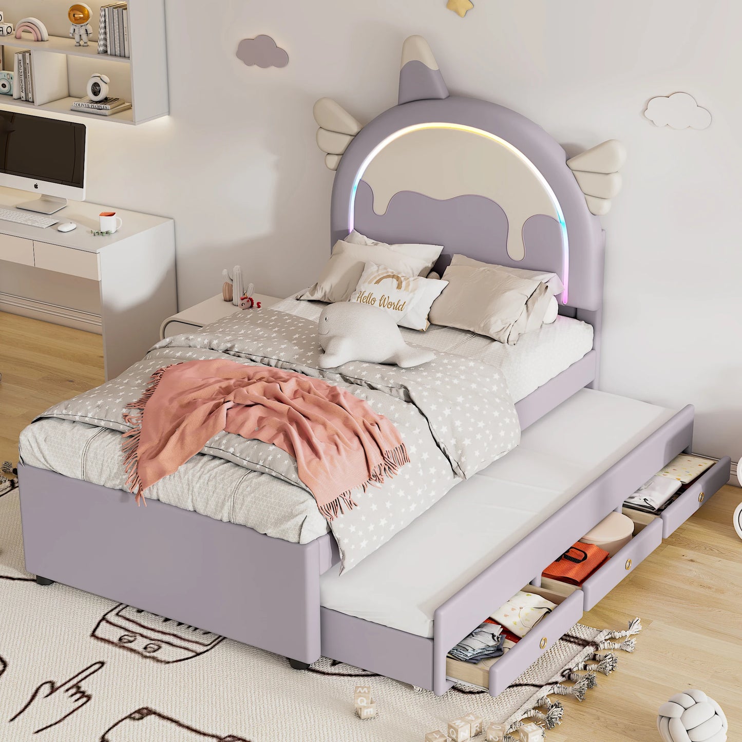 Merax Kinderbett 90x200 cm Einhorn Design mit Ausziehbett PU Material Violett
