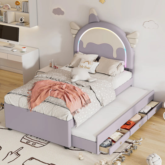 Merax Kinderbett 90x200 cm Einhorn Design mit Ausziehbett PU Material Violett