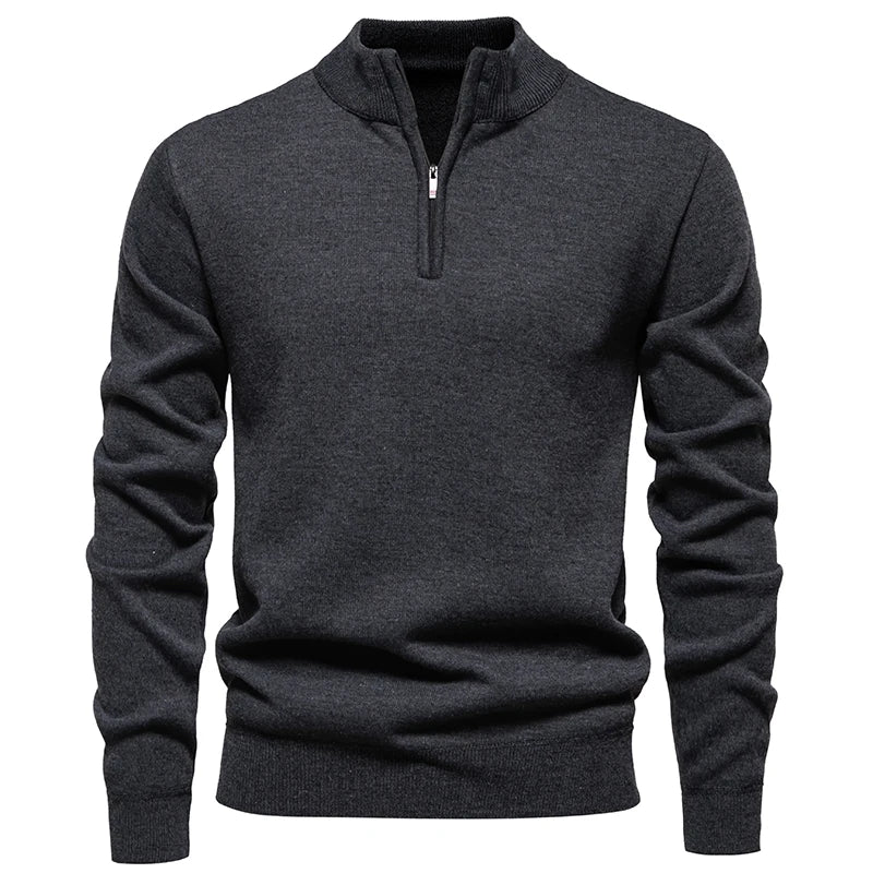 Autumn Winter Men's Half Zipper Knitted Pullovers Solid Slin Fit Casual Sweater Male Fleece Warm Stand Collar Pullover Sweaters