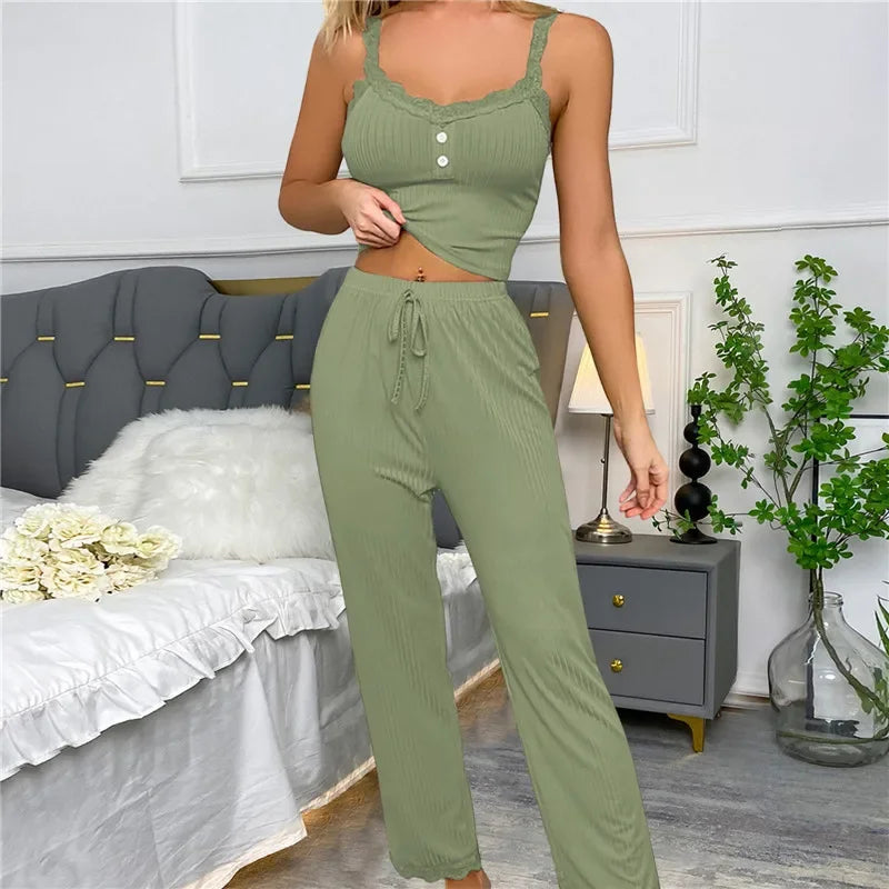 Zweiteiliges Pyjama-Set für Frühling und Sommer für Damen, Nachtwäsche, Spitzen-Hosenträger, Oberteile und lange Hosen, Pijamas, Loungewear.