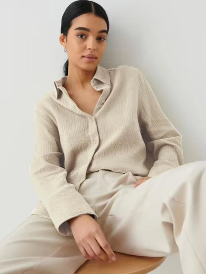 Muslin 100% Cotton Gauze Crepe For Women Shirts Blouse Turn Down Long Sleeve Single-Breasted Office Lady Loose Top Blusas Mujer