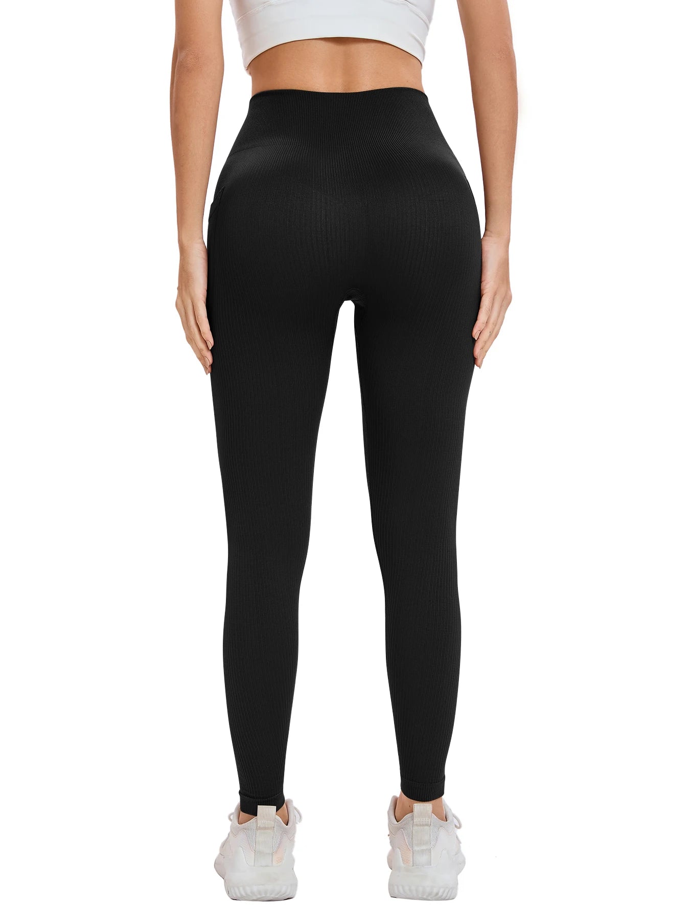 Women's solid color threaded sports leggings seamless cross-border yoga pants high-waisted fitness pants Yoga wear with pocket.