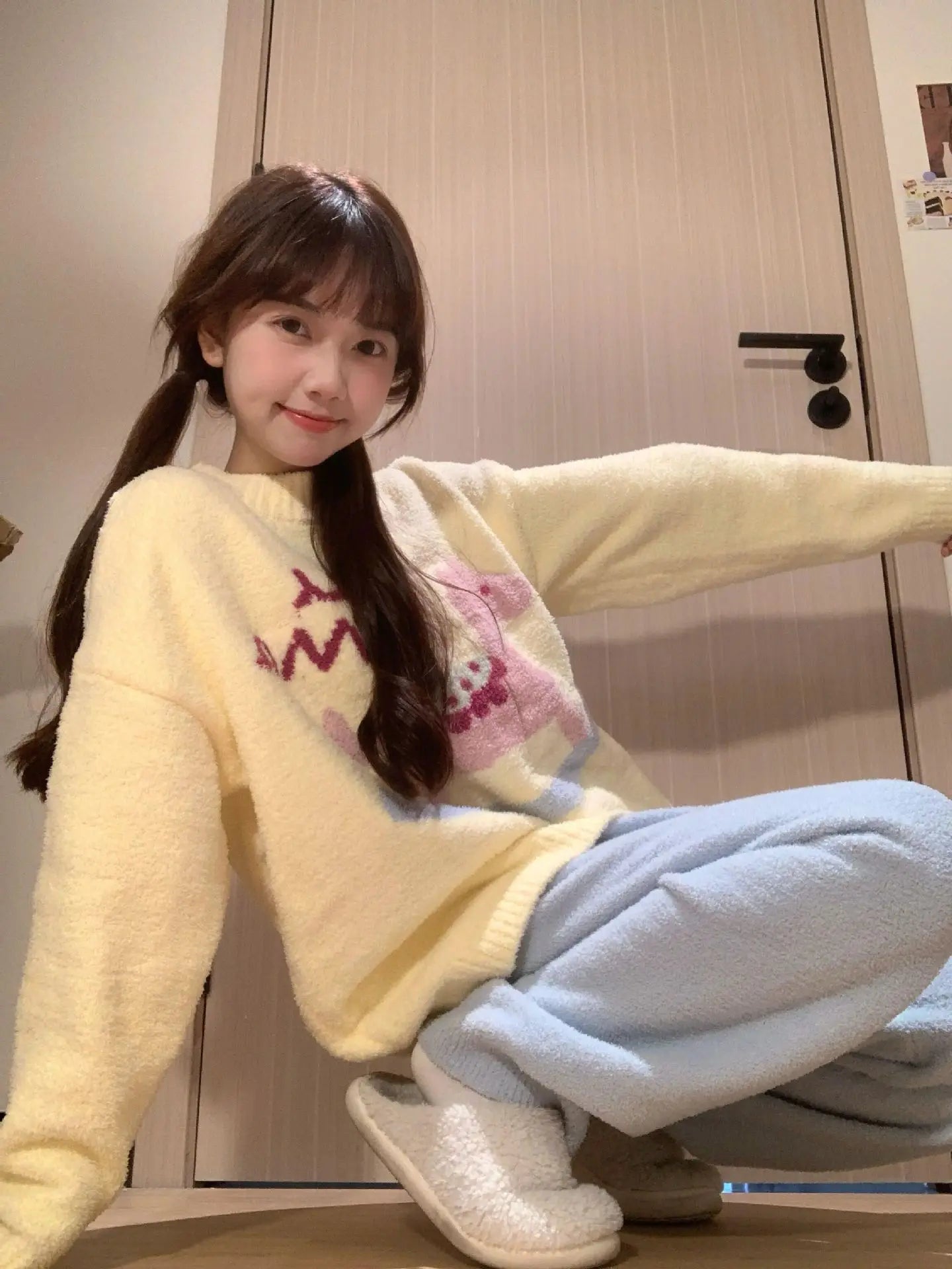 Kawaii Hello Kitty Pajamas Girl Sanrio Long-Sleeved Loungewear Sweet Young Student Girl  Warm Home Clothes Sleepwear Set