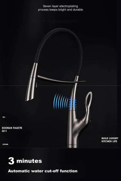 Luxuriöser Küchenarmatur aus grauem Messing in Gun-Grau mit intelligentem Touch-Design. Einhebelmischer für heißes und kaltes Wasser mit magnetischer Saugkraft