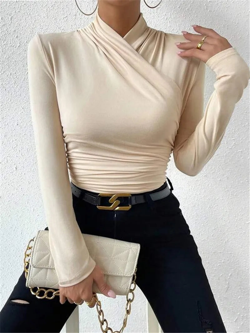 Women's Clothing Autumn Winter Tshirts New Design Cross Neckline Versatile Pleated T-shirt Comfortable Fashion Slim Fit Sexy Top.