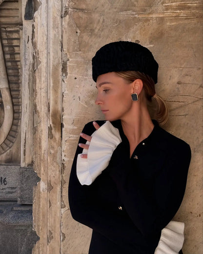 Tossy Weibliche Rüschen Strickwaren Langes Kleid Mode Patchwork Schlank Kontrast Revers Casual Party Kleid Kleid frauen Stricken Maxi Kleid.