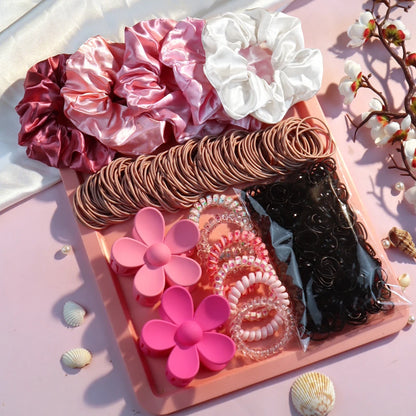 Fashionable Pink Hair Accessories Set for Women, Seamless Ponytail Holders Variety Hair Scrunchies For Women Lady 2024.