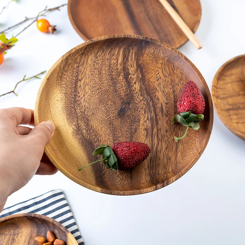 Wooden Trays Round Storage Plate SolidWood Coffee cup Mat KitchenDecorative Plate Fruit Bread TablewareHome Decoration.