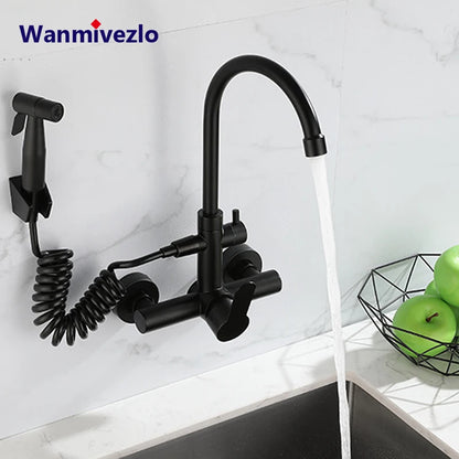 Kitchen Faucet With Spray Gun Wall Mounted Hot Cold Water Mixer Tap Rotatable Faucets Dual Water Mode No Dead corner Cleaning