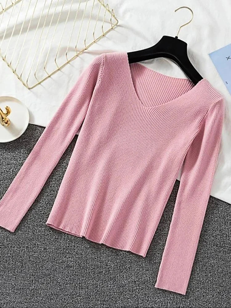 2025 mode V-ausschnitt Elastische Grundlegende Top Neue Frauen Pullover Herbst Winter Langarm Pullover Weibliche Winter Solide Strick Jumper
